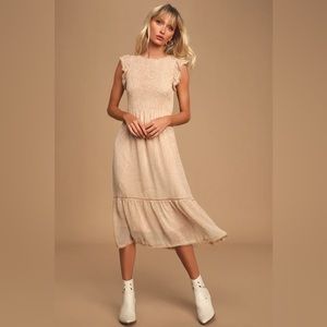 Lost + Wander Pick Me Tan and White Print Midi Dress — Size M